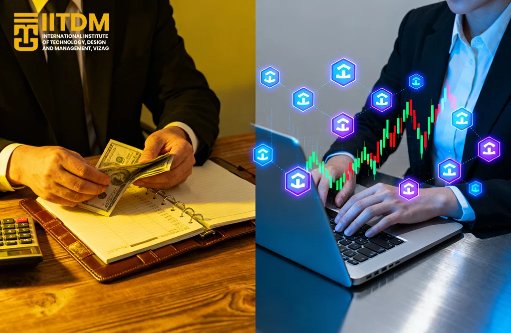 Comparison of traditional financial management with modern fintech practices including blockchain, digital payments, and data analytics