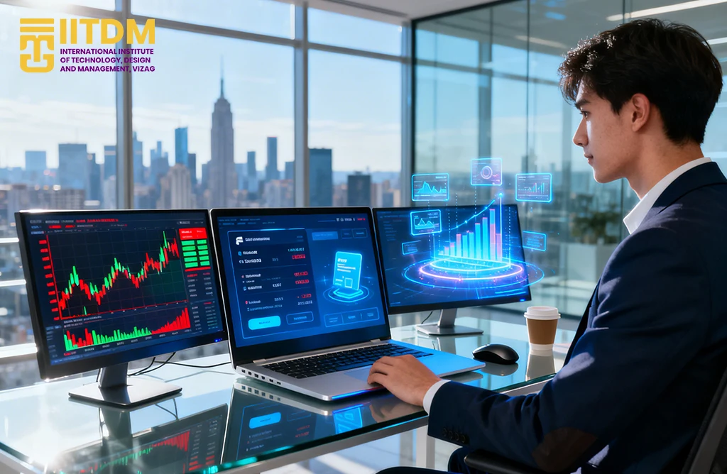 PGDM financial services graduate analyzing stock market data using AI-driven trading platforms and advanced financial analytics tools