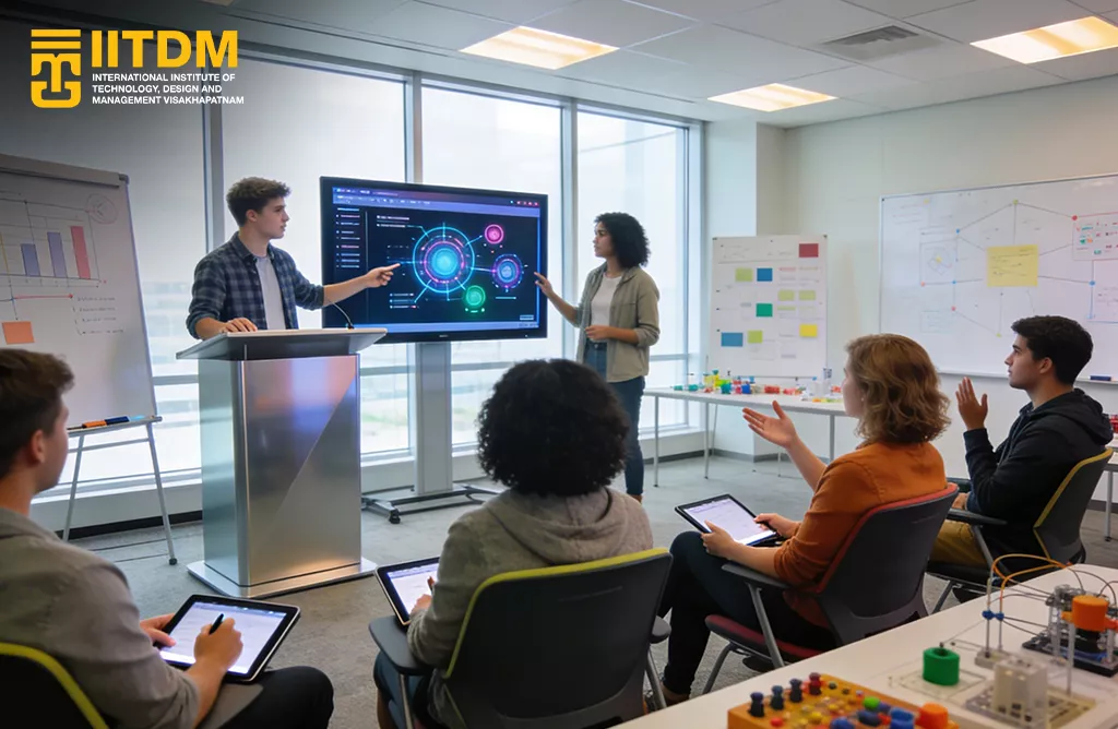 Interactive IITDM Vizag Classroom with Faculty Presenting Data and Students Using Tablets for Learning