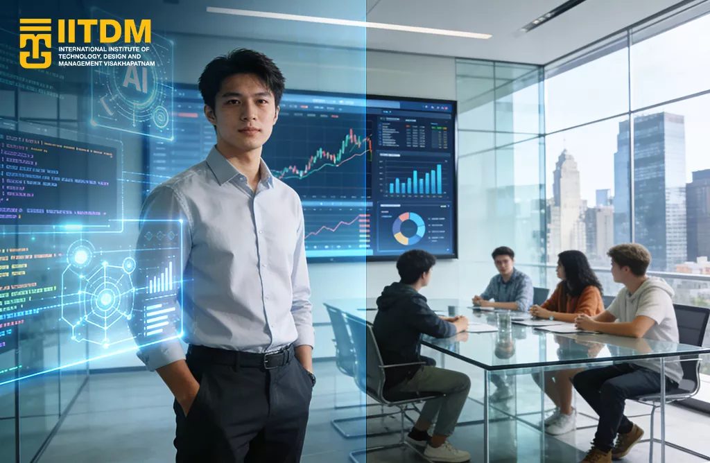 IITDM Vizag Students in Modern Conference Room with Charts and AI Graphics, Highlighting Placements