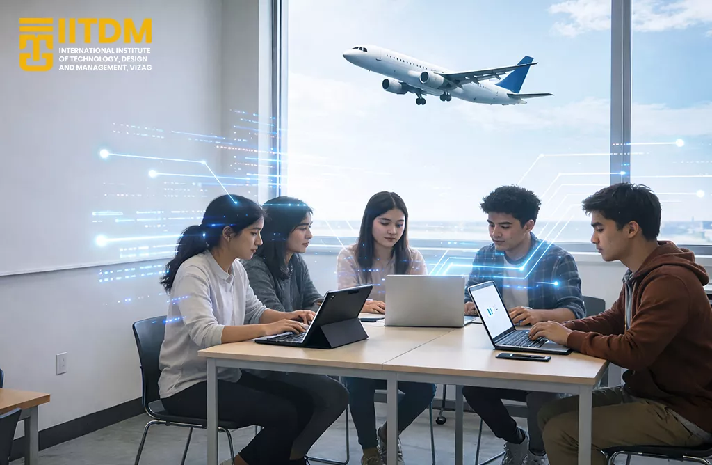 PGDM Students at IITDM Vizag Studying Aviation Management with Airplane in Background