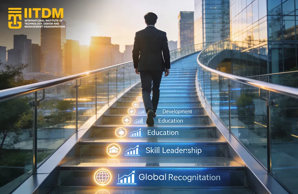Professional on Staircase with IITDM Vizag Logo, Representing Growth from Education to Global Recognition
