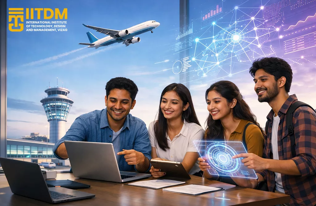 Students at IITDM Vizag Learning Aviation Management with Digital Analytics Interface and Airport Control Tower View